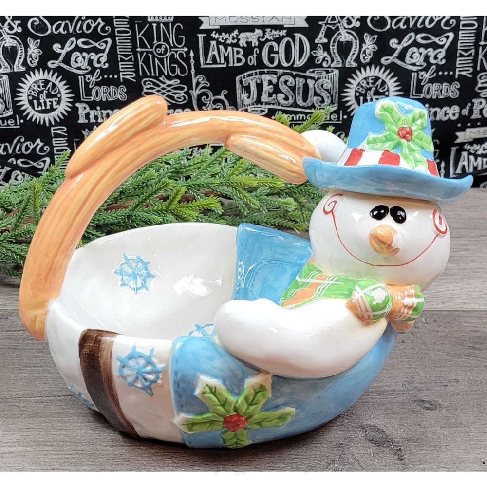 Christmas Cowboy Snowman Decorative Glazed Ceramic Basket Bowl